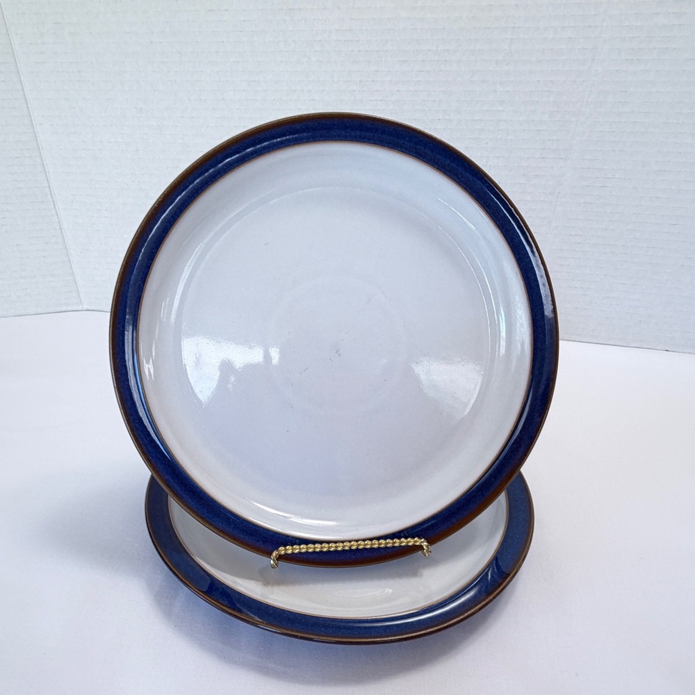 Lot of 2 Denby Imperial Blue Salad Plates Brown Edge 8.5 Inch Stoneware